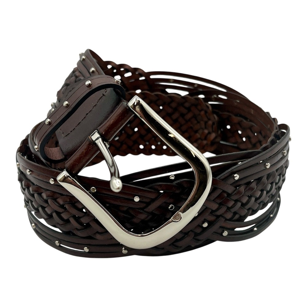 Womens Dark Brown Braided Bonded Leather Studded Belt Silver Buckle Size L